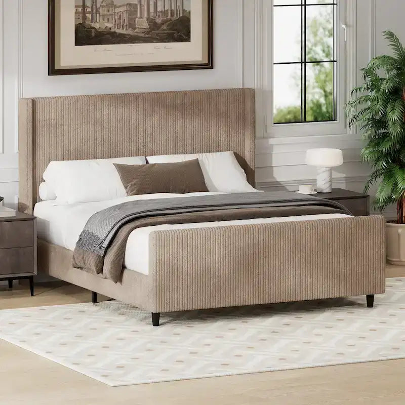 Lit plateforme à oreilles en velours côtelé taupe / crème, tête de lit à rayures verticales, pour 2 – Grand lit / Très grand lit