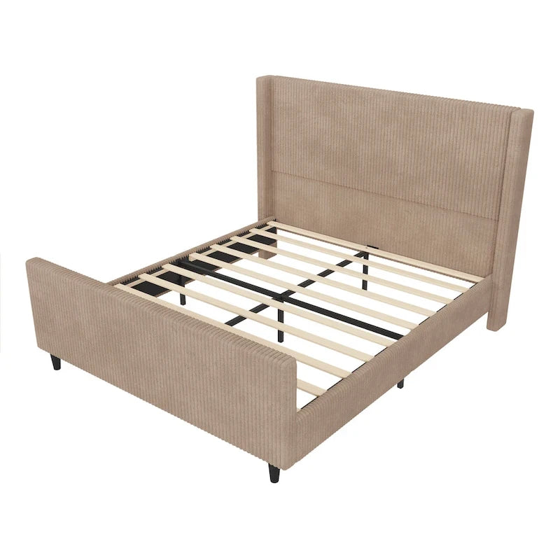 Lit plateforme à oreilles en velours côtelé taupe / crème, tête de lit à rayures verticales, pour 2 – Grand lit / Très grand lit
