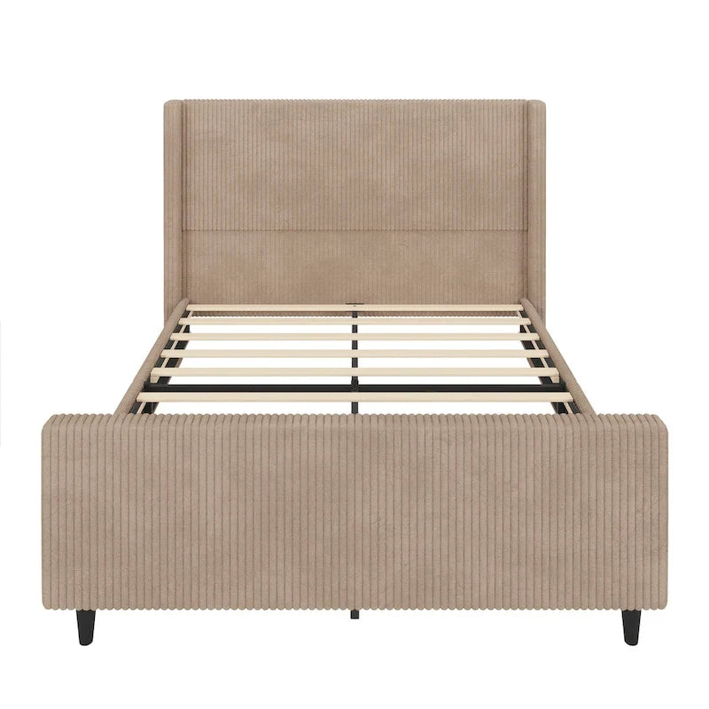 Lit plateforme à oreilles en velours côtelé taupe / crème, tête de lit à rayures verticales, pour 2 – Grand lit / Très grand lit