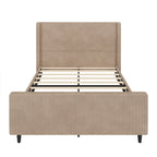 Lit plateforme à oreilles en velours côtelé taupe / crème, tête de lit à rayures verticales, pour 2 – Grand lit / Très grand lit
