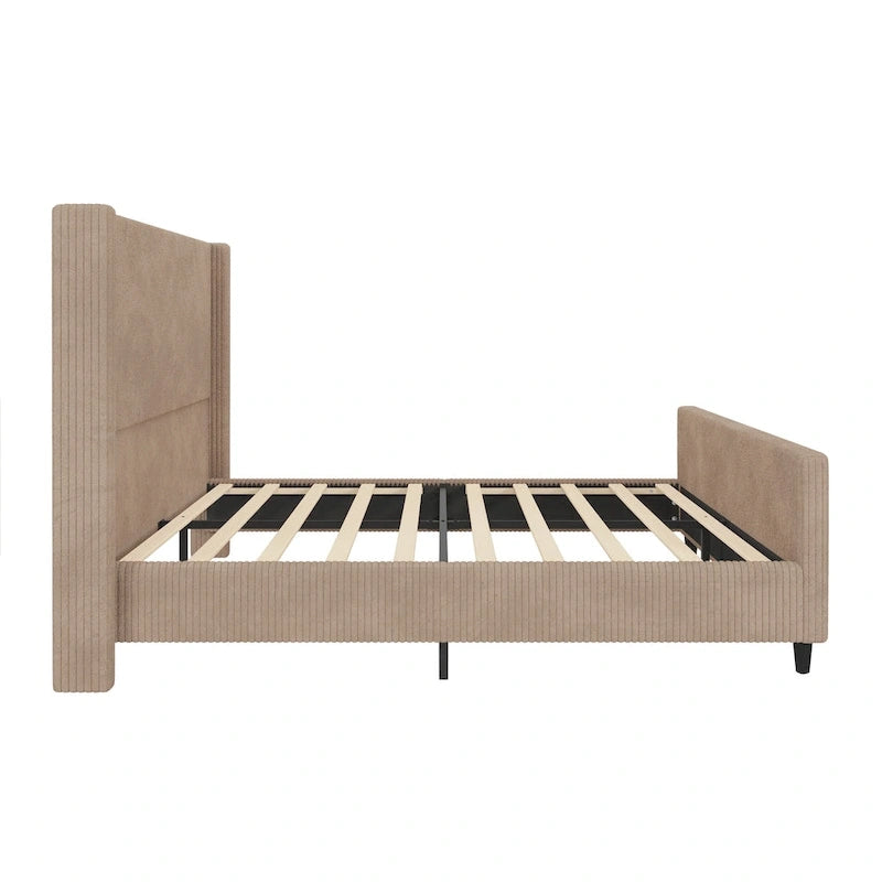 Lit plateforme à oreilles en velours côtelé taupe / crème, tête de lit à rayures verticales, pour 2 – Grand lit / Très grand lit