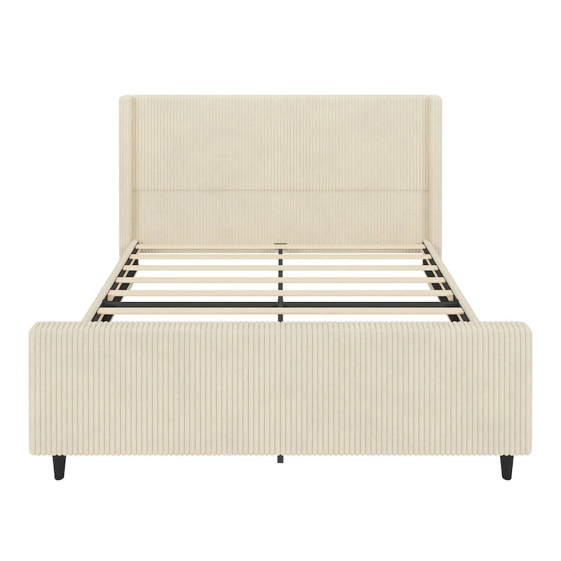 Lit plateforme à oreilles en velours côtelé taupe / crème, tête de lit à rayures verticales, pour 2 – Grand lit / Très grand lit