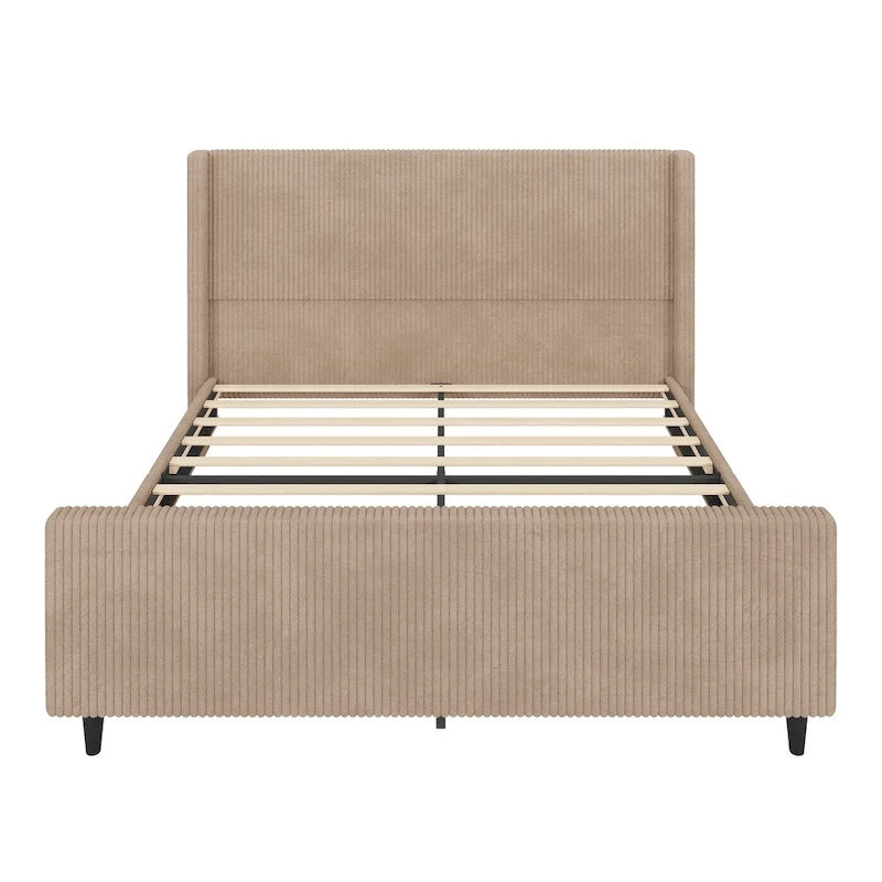 Lit plateforme à oreilles en velours côtelé taupe / crème, tête de lit à rayures verticales, pour 2 – Grand lit / Très grand lit