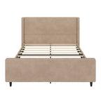 Lit plateforme à oreilles en velours côtelé taupe / crème, tête de lit à rayures verticales, pour 2 – Grand lit / Très grand lit