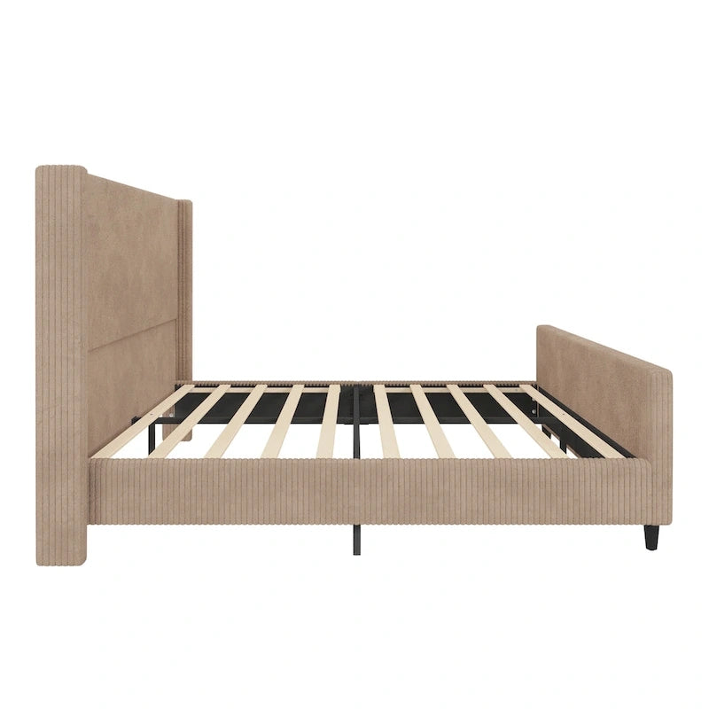 Lit plateforme à oreilles en velours côtelé taupe / crème, tête de lit à rayures verticales, pour 2 – Grand lit / Très grand lit