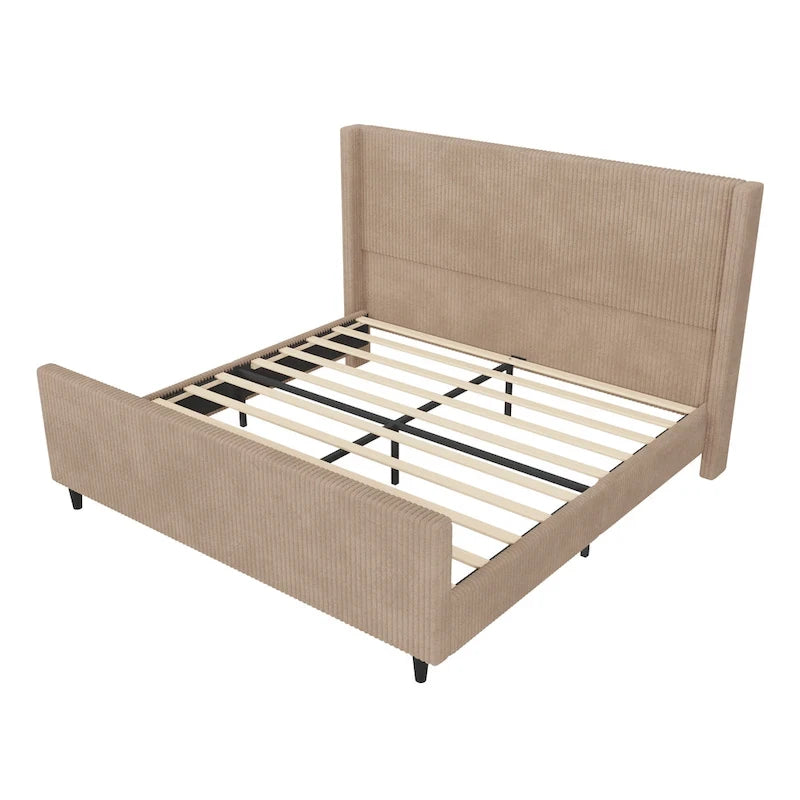 Lit plateforme à oreilles en velours côtelé taupe / crème, tête de lit à rayures verticales, pour 2 – Grand lit / Très grand lit