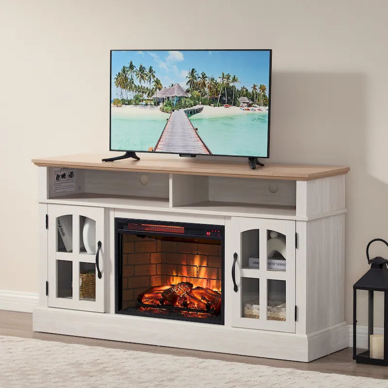 Meuble TV Jasmine White 2 portes avec cheminée électrique, jusqu'à 70 po