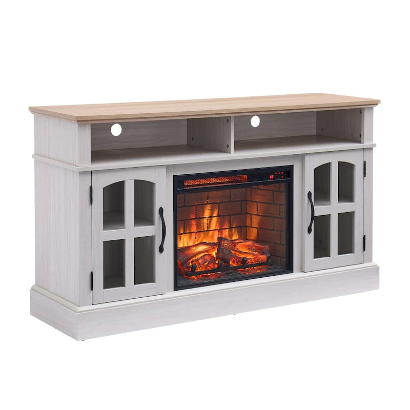 Meuble TV Jasmine White 2 portes avec cheminée électrique, jusqu'à 70 po