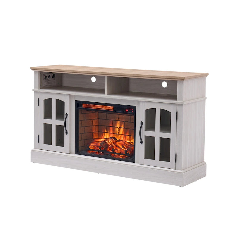 Meuble TV Jasmine White 2 portes avec cheminée électrique, jusqu'à 70 po