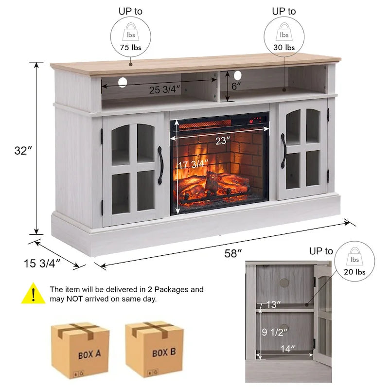 Meuble TV Jasmine White 2 portes avec cheminée électrique, jusqu'à 70 po