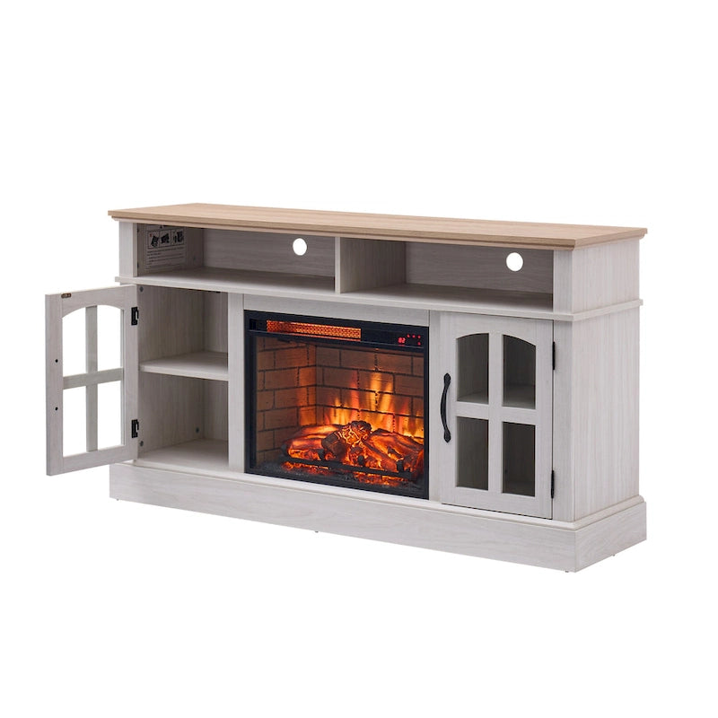 Meuble TV Jasmine White 2 portes avec cheminée électrique, jusqu'à 70 po