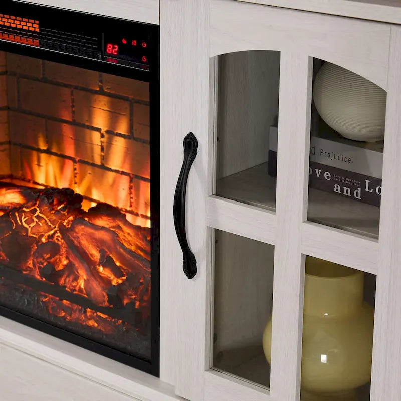 Meuble TV Jasmine White 2 portes avec cheminée électrique, jusqu'à 70 po