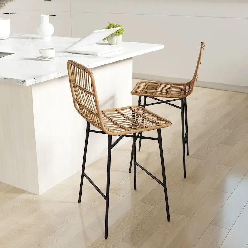 HOMCOM Tabourets de bar en rotin, lot de 2, tabourets de bar en osier de 66 cm avec dossier, chaises de bar modernes pour îlot de cuisine, noir
