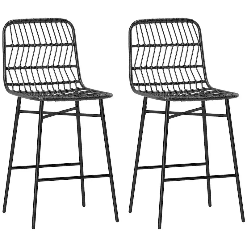 HOMCOM Tabourets de bar en rotin, lot de 2, tabourets de bar en osier de 66 cm avec dossier, chaises de bar modernes pour îlot de cuisine, noir
