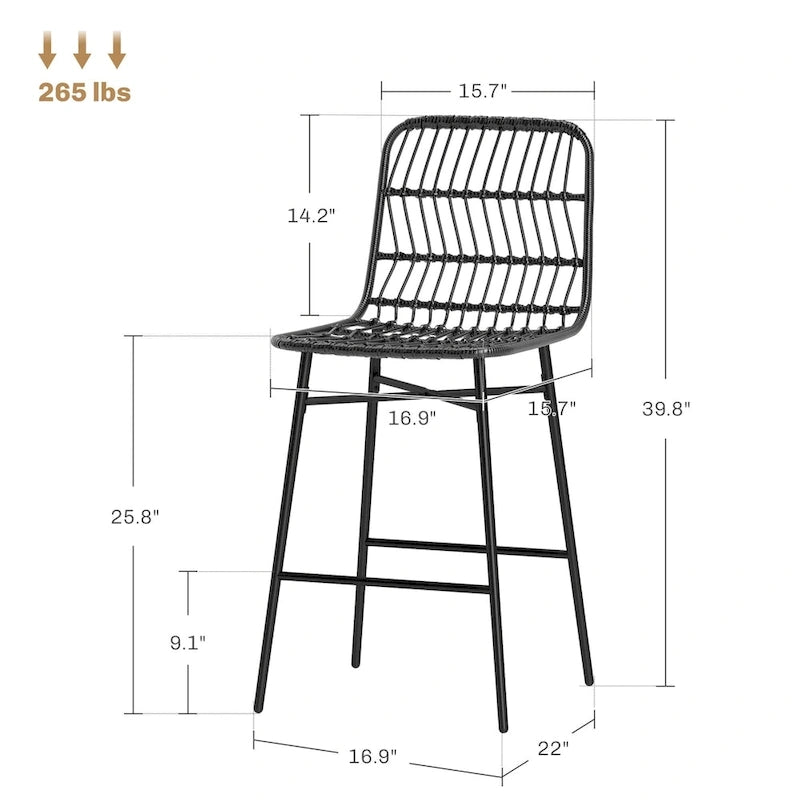 HOMCOM Tabourets de bar en rotin, lot de 2, tabourets de bar en osier de 66 cm avec dossier, chaises de bar modernes pour îlot de cuisine, noir