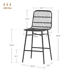 HOMCOM Tabourets de bar en rotin, lot de 2, tabourets de bar en osier de 66 cm avec dossier, chaises de bar modernes pour îlot de cuisine, noir