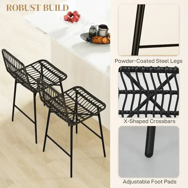 HOMCOM Tabourets de bar en rotin, lot de 2, tabourets de bar en osier de 66 cm avec dossier, chaises de bar modernes pour îlot de cuisine, noir