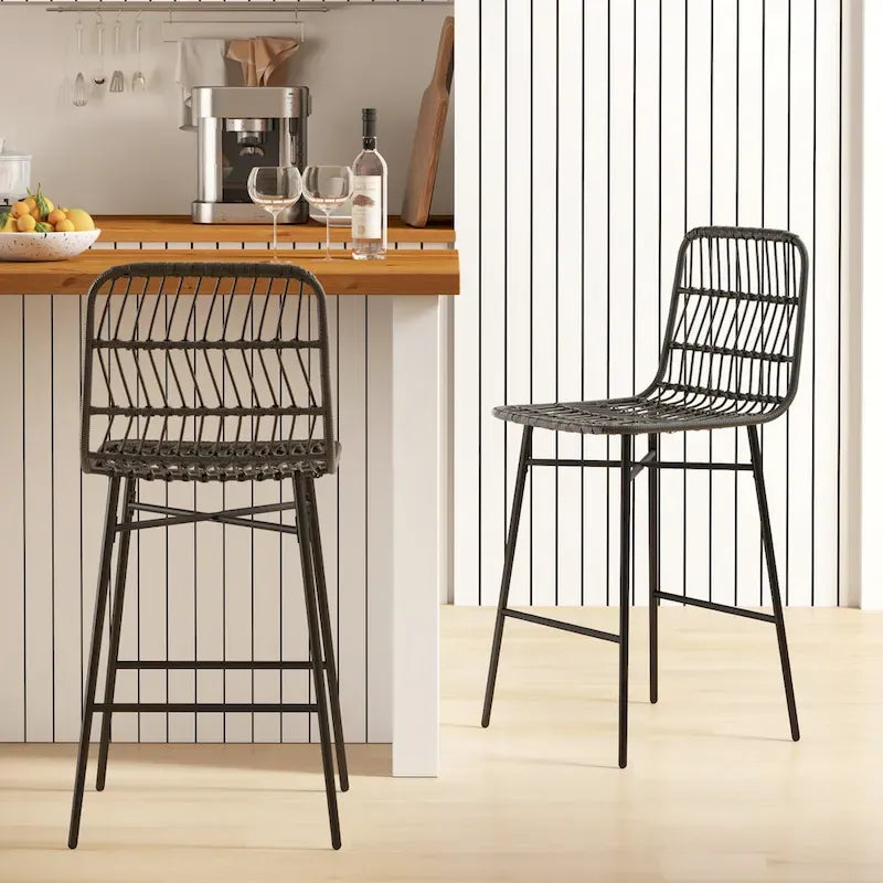 HOMCOM Tabourets de bar en rotin, lot de 2, tabourets de bar en osier de 66 cm avec dossier, chaises de bar modernes pour îlot de cuisine, noir