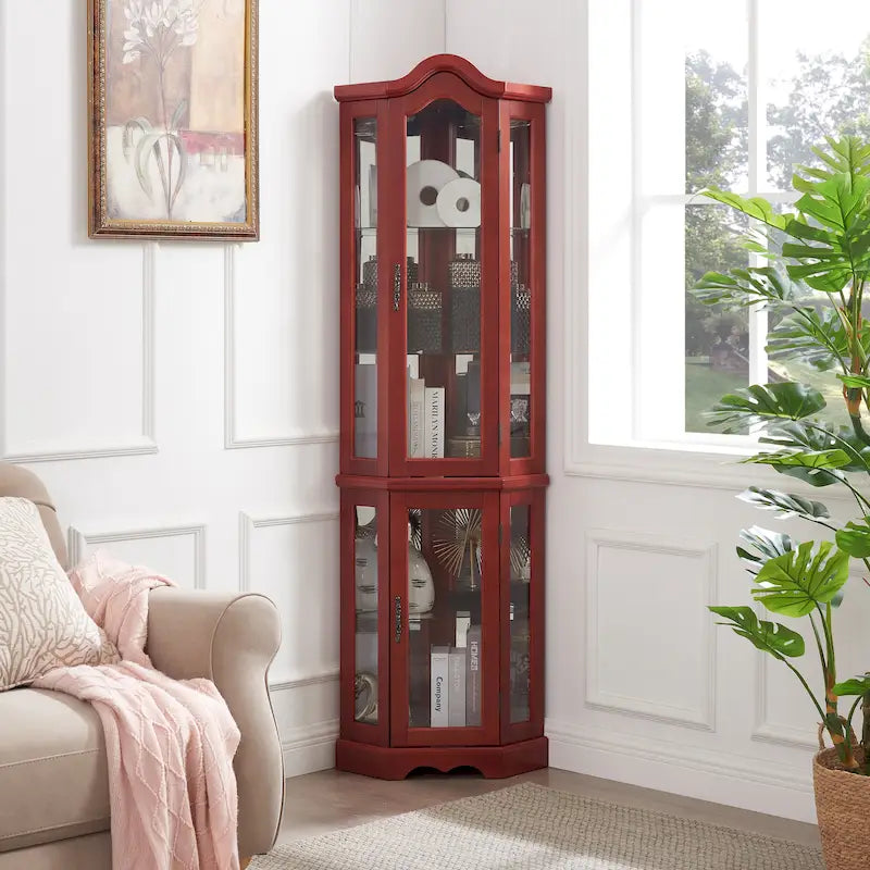 Vitrine d'angle lumineuse avec portes et étagères en verre trempé – Élégante vitrine cerisier avec ampoule