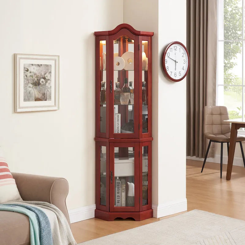 Vitrine d'angle lumineuse avec portes et étagères en verre trempé – Élégante vitrine cerisier avec ampoule