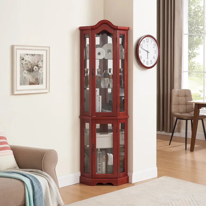 Vitrine d'angle lumineuse avec portes et étagères en verre trempé – Élégante vitrine cerisier avec ampoule