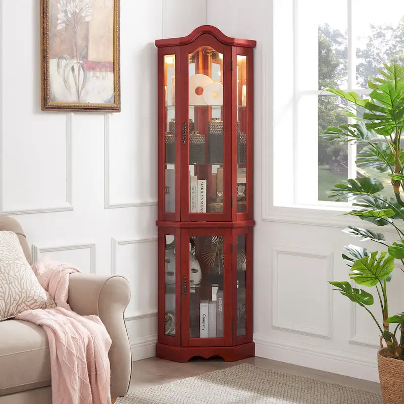 Vitrine d'angle lumineuse avec portes et étagères en verre trempé – Élégante vitrine cerisier avec ampoule