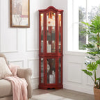 Vitrine d'angle lumineuse avec portes et étagères en verre trempé – Élégante vitrine cerisier avec ampoule