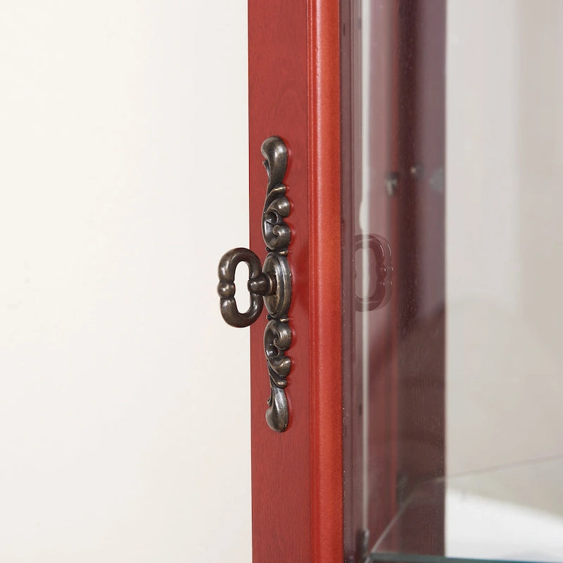 Vitrine d'angle lumineuse avec portes et étagères en verre trempé – Élégante vitrine cerisier avec ampoule