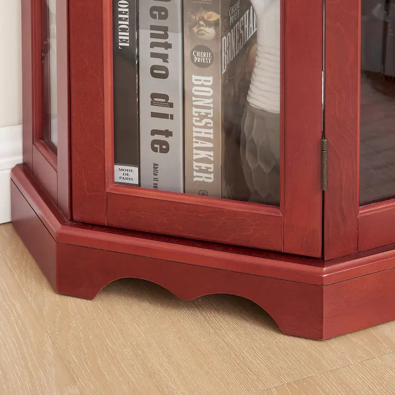 Vitrine d'angle lumineuse avec portes et étagères en verre trempé – Élégante vitrine cerisier avec ampoule