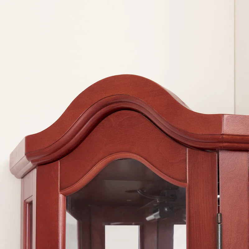 Vitrine d'angle lumineuse avec portes et étagères en verre trempé – Élégante vitrine cerisier avec ampoule