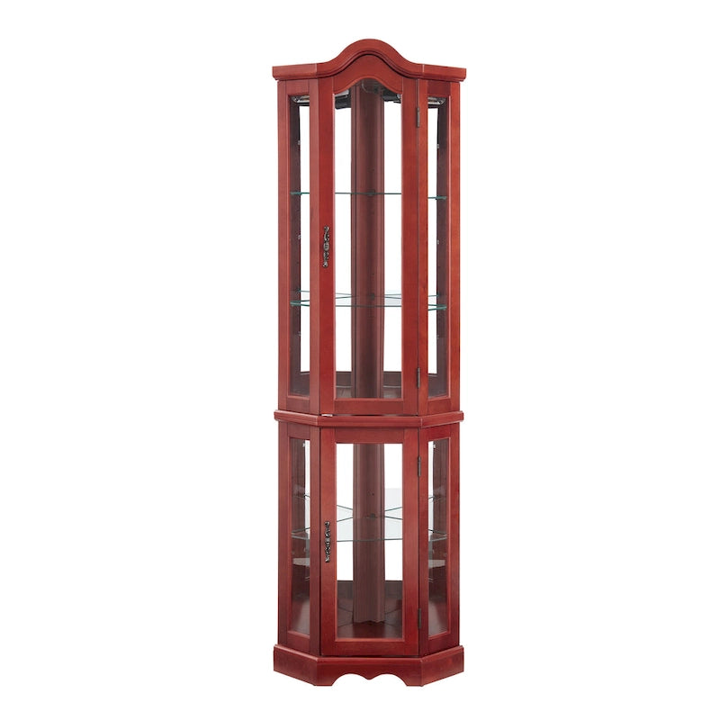 Vitrine d'angle lumineuse avec portes et étagères en verre trempé – Élégante vitrine cerisier avec ampoule