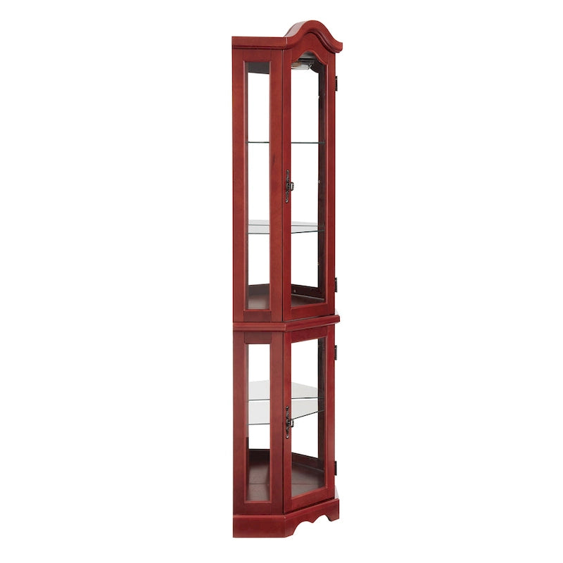 Vitrine d'angle lumineuse avec portes et étagères en verre trempé – Élégante vitrine cerisier avec ampoule