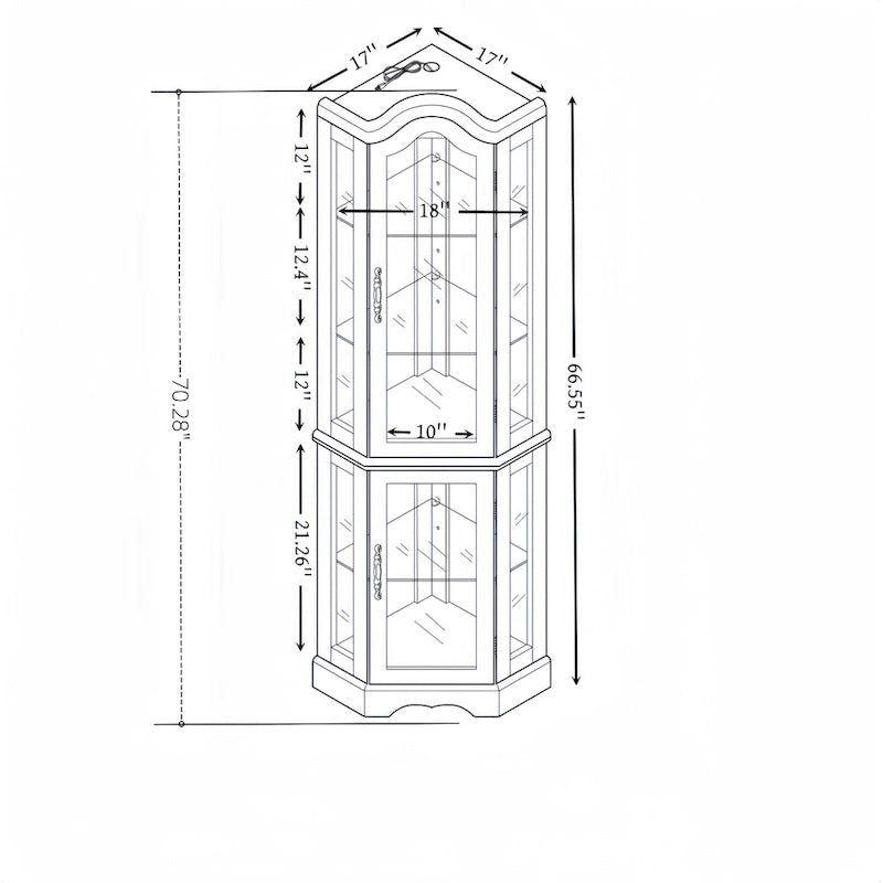 Vitrine d'angle lumineuse avec portes et étagères en verre trempé – Élégante vitrine cerisier avec ampoule