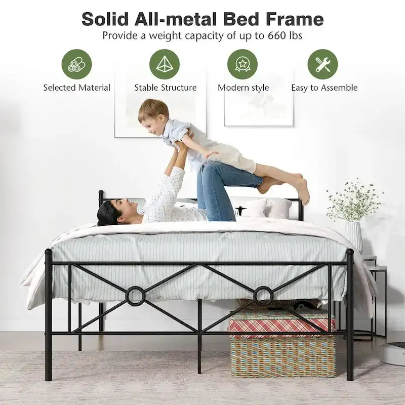 Gymax Cadre de lit plateforme double/grand format en métal avec matelas de tête de lit