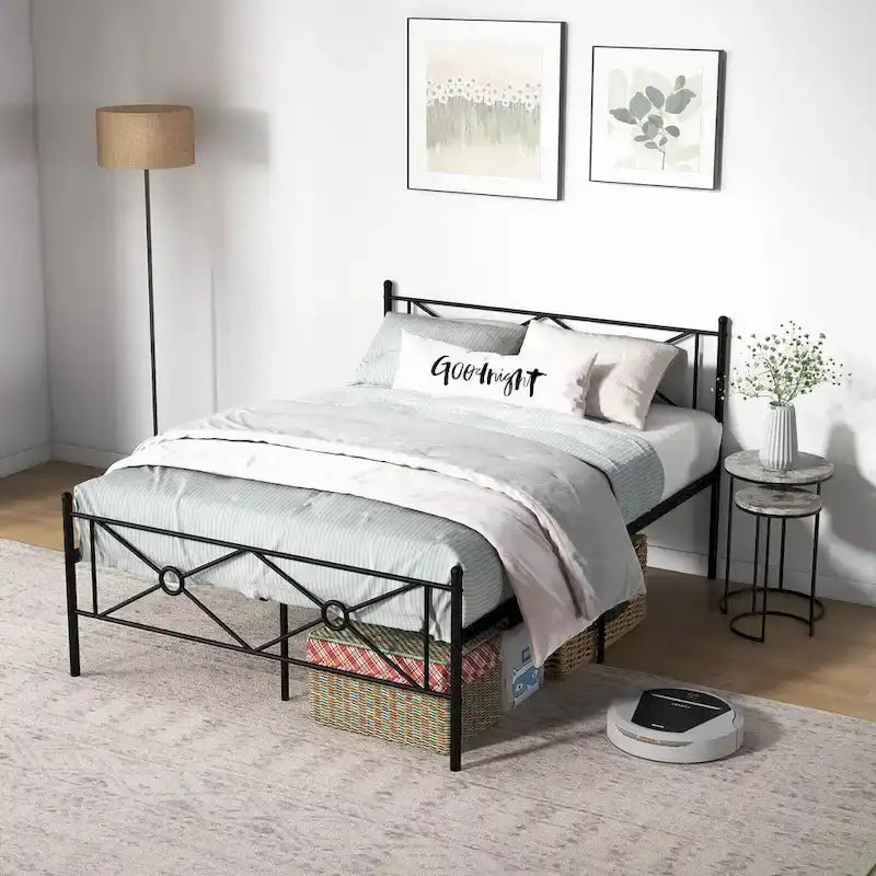 Gymax Cadre de lit plateforme double/grand format en métal avec matelas de tête de lit