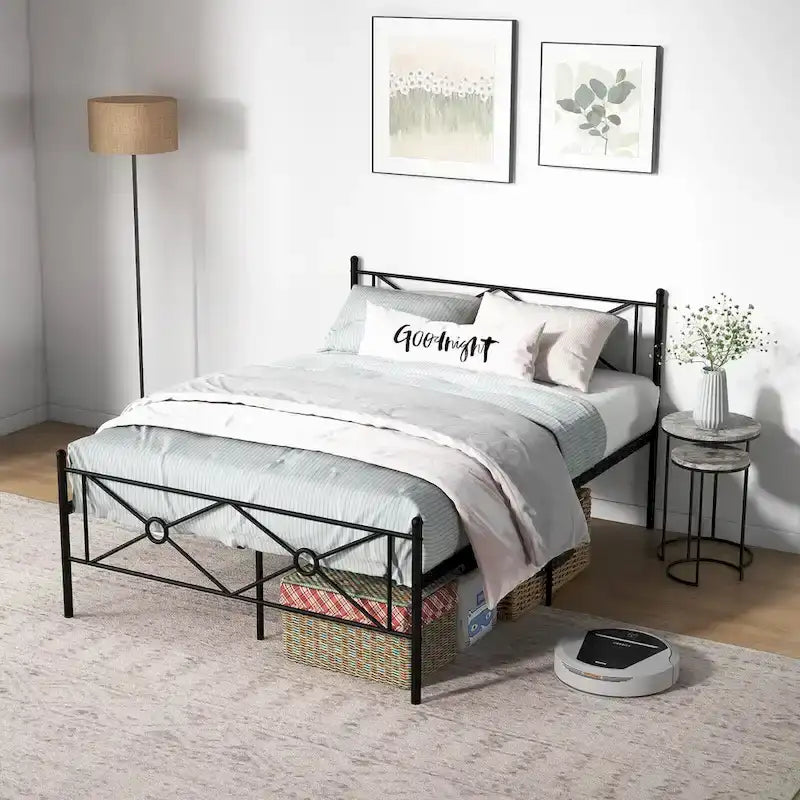 Gymax Cadre de lit plateforme double/grand format en métal avec matelas de tête de lit