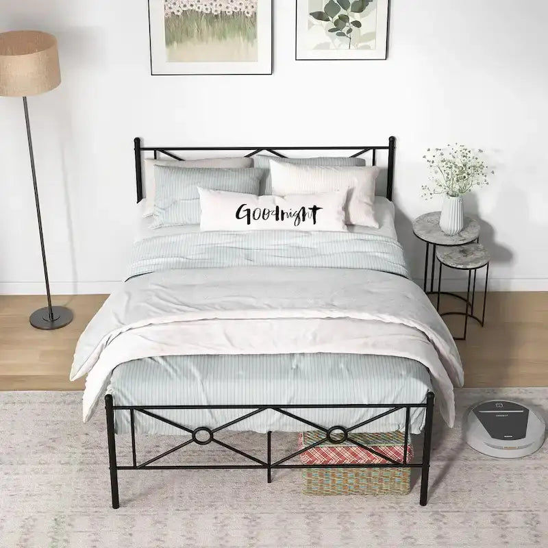Gymax Cadre de lit plateforme double/grand format en métal avec matelas de tête de lit