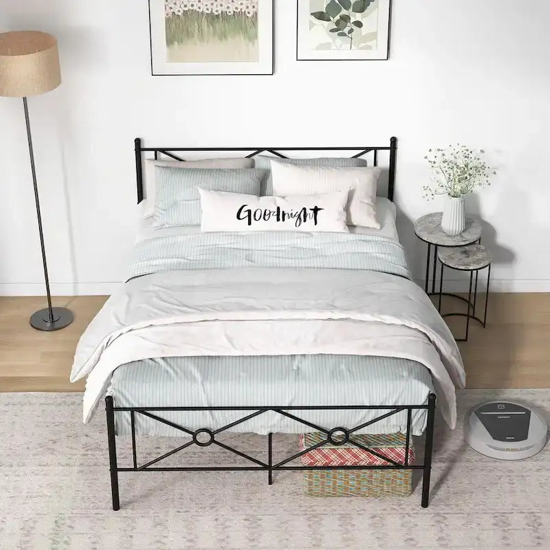Gymax Cadre de lit plateforme double/grand format en métal avec matelas de tête de lit