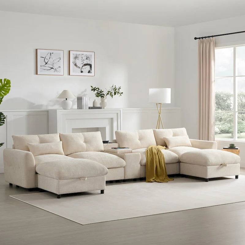 Canapé d'angle modulable en U 6 places en chenille grise