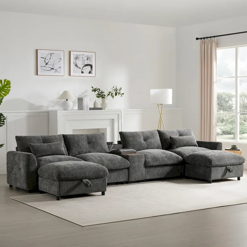 Canapé d'angle modulable en U 6 places en chenille grise