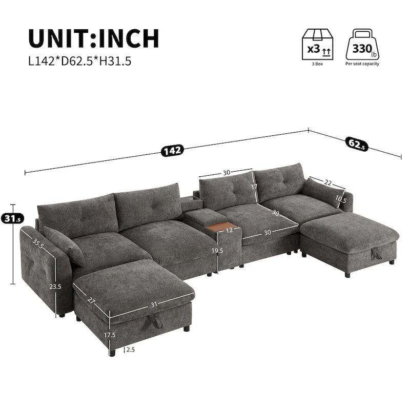 Canapé d'angle modulable en U 6 places en chenille grise