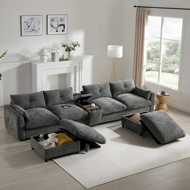 Canapé d'angle modulable en U 6 places en chenille grise