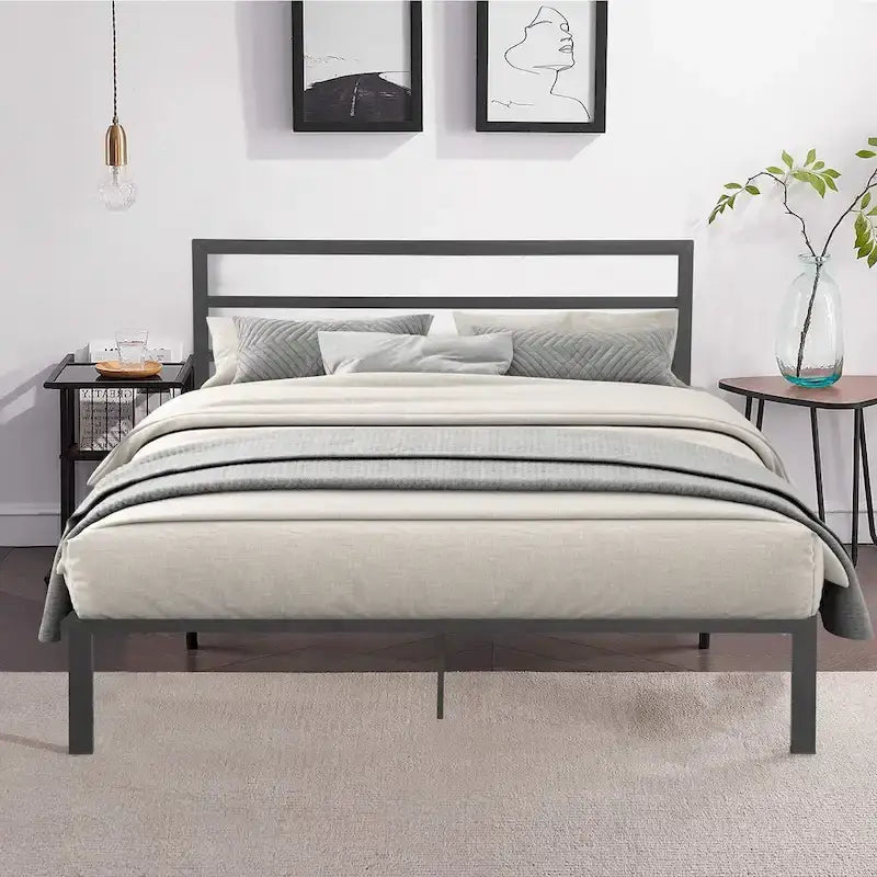 Lit plateforme en acier noir/gris anthracite Queen avec tête de lit, 1 personne
