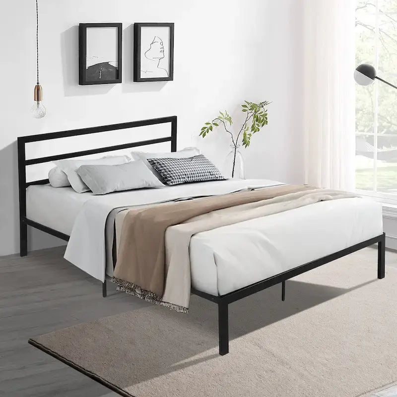 Lit plateforme en acier noir/gris anthracite Queen avec tête de lit, 1 personne