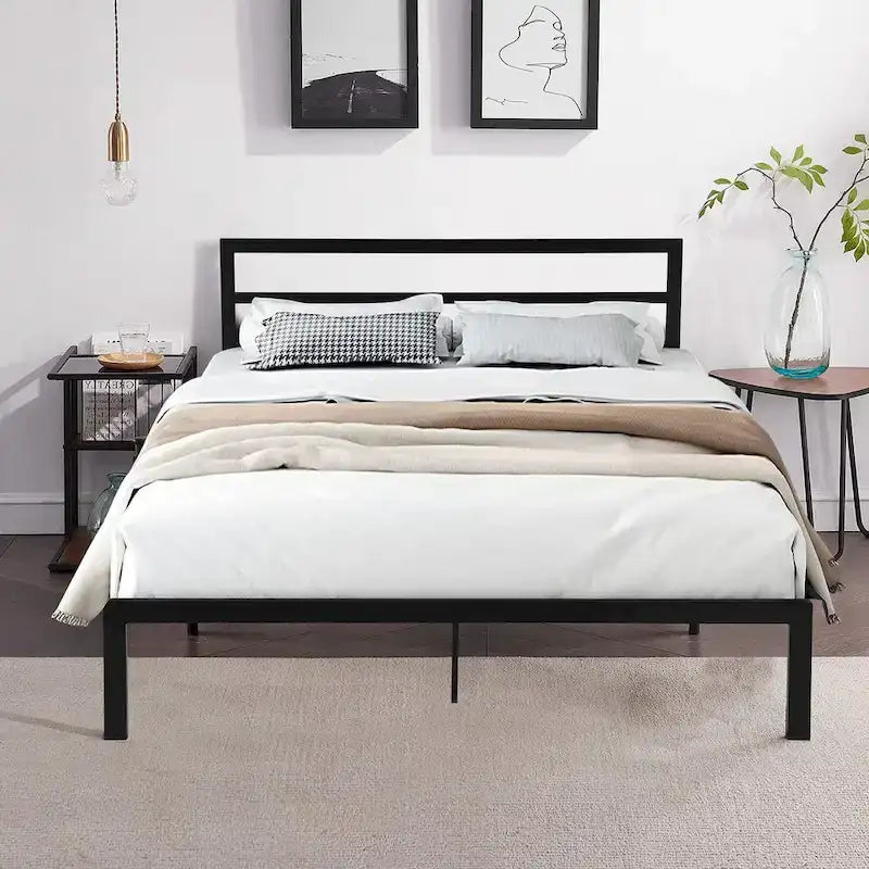 Lit plateforme en acier noir/gris anthracite Queen avec tête de lit, 1 personne