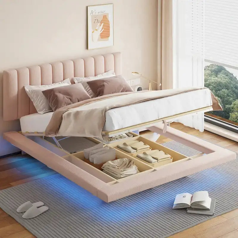 Lit Plateforme Capitonnée Queen Rose/Gris/Beige, 2 Personnes, LED & USB