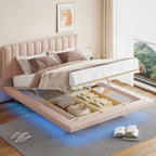 Lit Plateforme Capitonnée Queen Rose/Gris/Beige, 2 Personnes, LED & USB