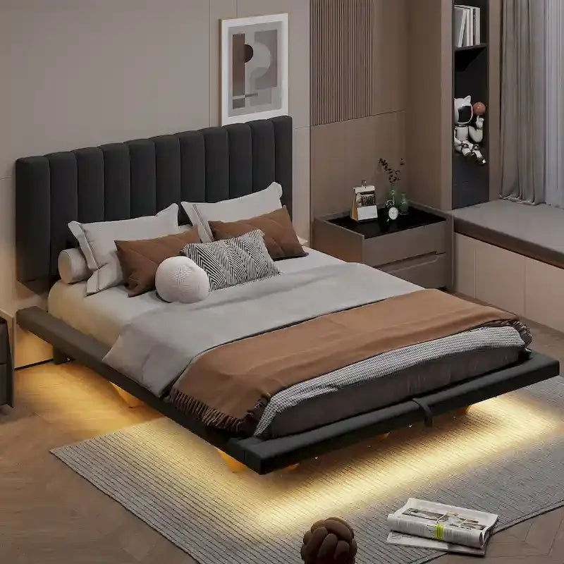 Lit Plateforme Capitonnée Queen Rose/Gris/Beige, 2 Personnes, LED & USB