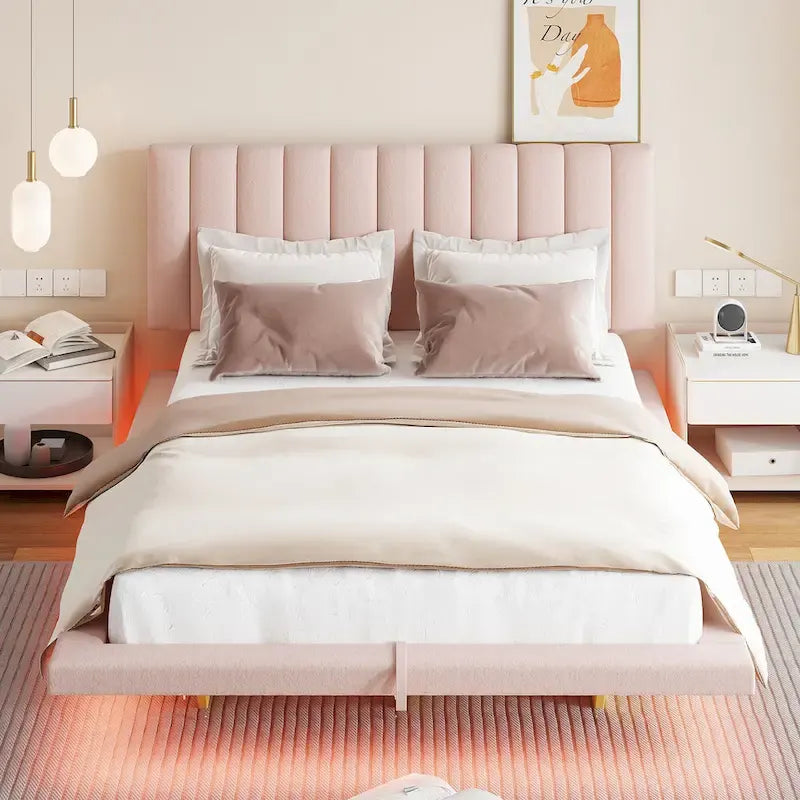 Lit Plateforme Capitonnée Queen Rose/Gris/Beige, 2 Personnes, LED & USB