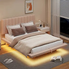 Lit Plateforme Capitonnée Queen Rose/Gris/Beige, 2 Personnes, LED & USB